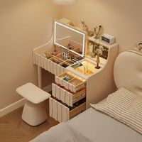 Nouvelle Coiffeuse Moderne en Bois Massif Blanc avec Miroir LED et Tiroirs de Rangement, Table de Maquillage de Luxe pour Chambre, Organisateur Cosmétique Tendance 2025