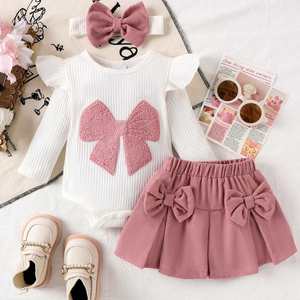 Conjunto Casual Lindo para Bebés Niñas: Pelele Blanco Acanalado de Manga Larga con Lazo y Falda Rosa para Primavera - Product Image 4
