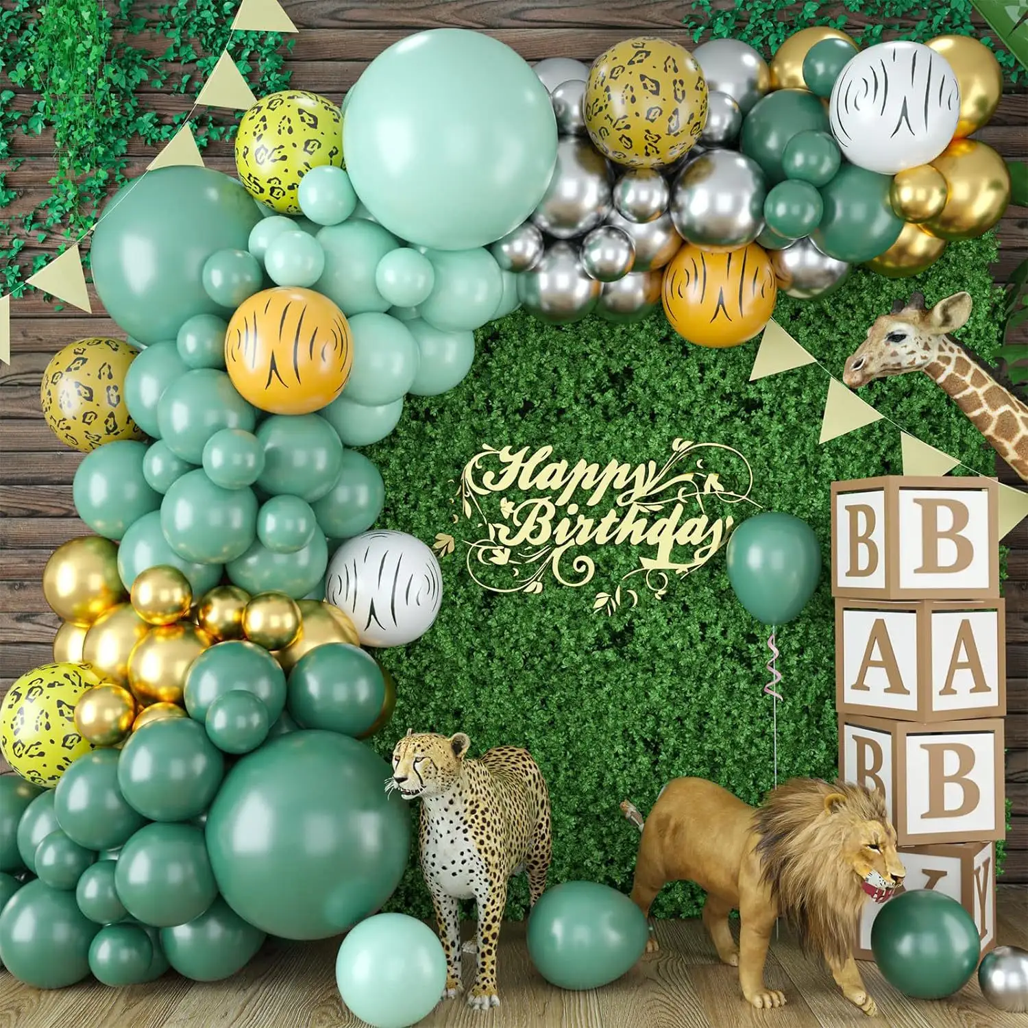 Conjunto de corrente de balões para festas de aniversário com tema floresta transfronteiriço, 101 peças, decoração de festa com balões de animais da selva