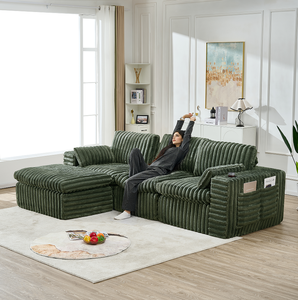 Canapé d'angle modulaire capitonné en flanelle côtelée, style luxe léger et moderne, avec ottoman - Vert, 3 places, écologique, pour salon - Product Image 3
