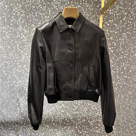 524 Trending Hot Products Women's Leather Coat Vegetable-tanned Sheepskin Baseball Jacket with Elasticized Hem