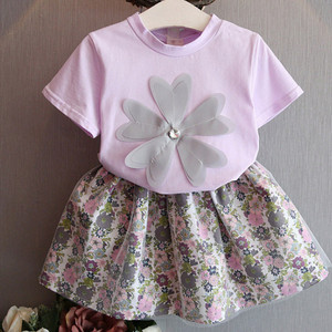 Vêtements pour bébés, nouveaux modèles de robes à fleurs violettes, jupe assortie et t-shirt imprimé pour filles et enfants - Product Image 1
