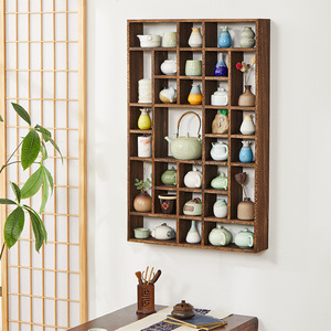 Estante de Pared de Madera Maciza Estilo Chino, Rectangular, Minimalista, Moderno, con Múltiples Compartimentos, para Teteras, para Sala de Estar - Product Image 2