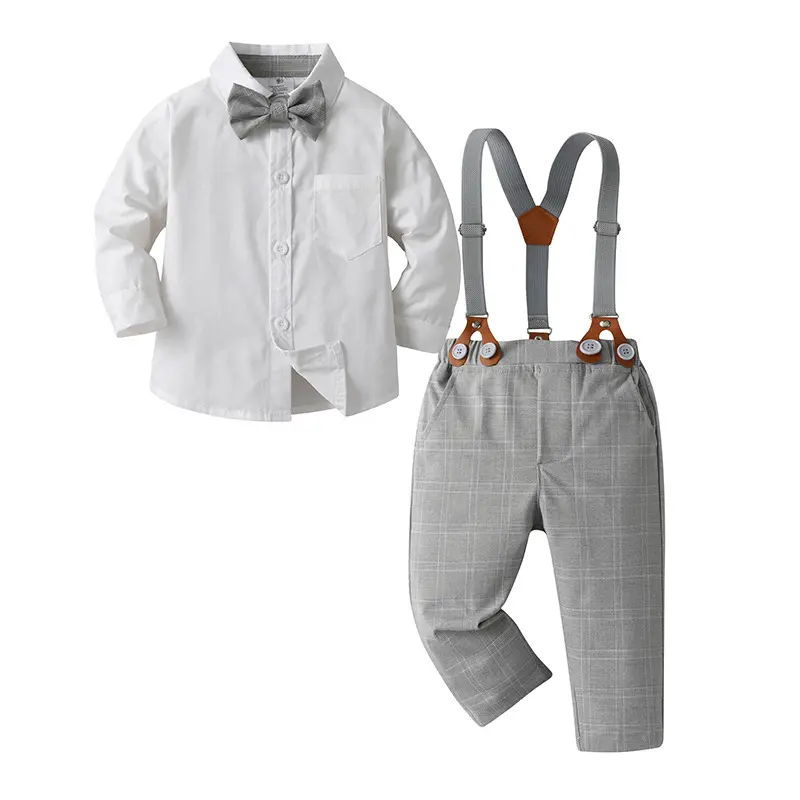 Logo Custom Baby Boys Formal Outfit Toddler Boys Gentleman Set Long Sleeves Shirt+Suspender+Pants+Bow Tie 4Pcs Wedding Suit