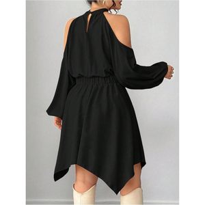 Women's Plus Size Cold Shoulder <b>Dress</b> Mock Neck Long Sleeve A Line Flowy Vacation Short <b>Dress</b> <b>Elastic</b> Waist Asymmetrical Hem - Product Image 2