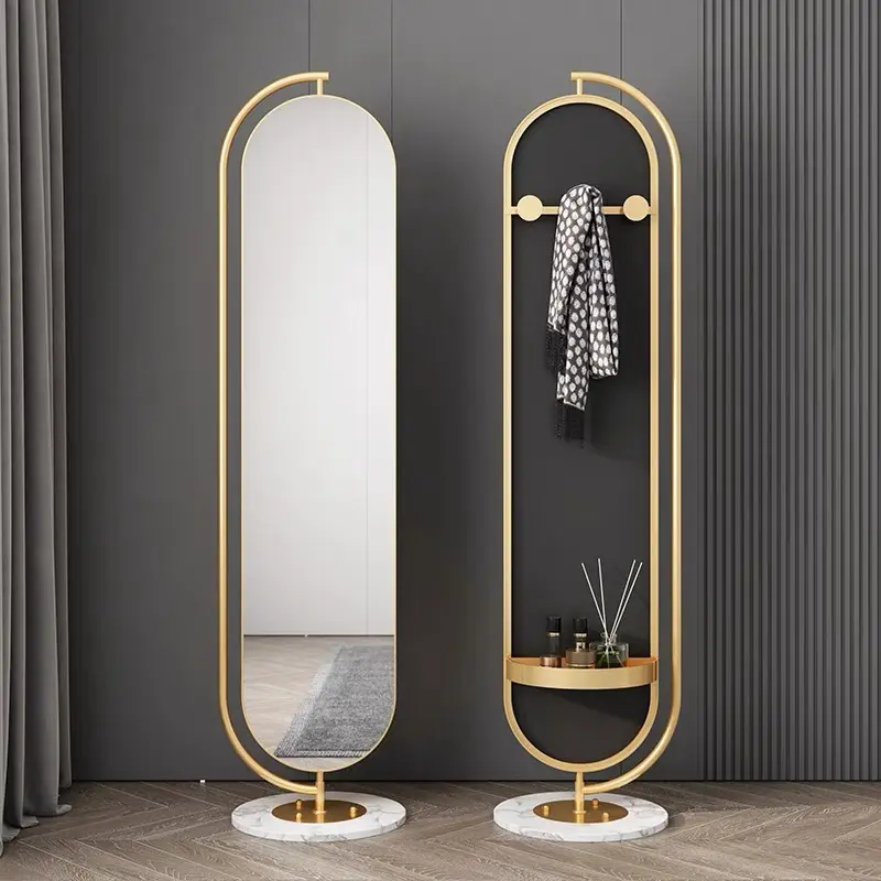 New Arrival Fashion Metal Framed Long Large Gold Oval Bedroom Furniture Rotatable Floor Standing Full Body Mirror With Coat Rack