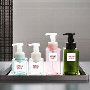 Bouteilles de luxe en plastique PET transparentes carrées vertes et roses de 250 ml et 650 ml, vides, avec pompe, pour cosmétiques, lotions, shampoings et savons liquides - Product Image 2