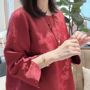 Chinese Style Three-Quarter Sleeve Jacquard Top Red Women Spring Summer Loose Fit Elegant Party Wear Traditional Clothing - Product Image 3