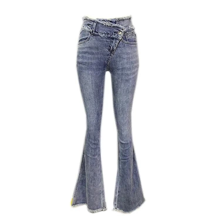 OEM ODM summer designer jeans women High Waist monkey Washed Full Length Jeans raw hem flare jeans for women