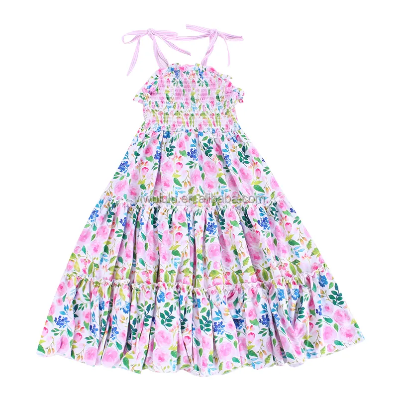 Vestido infantil fofinho fumado, vestido para crianças meninas vestido maxi