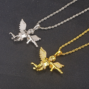 Hip Hop <b>Rapper</b> Punk Jewelry Vengeance Angel With Gun Diamond Gold Charm Pendant <b>Chain</b> Necklaces for Men - Product Image 3