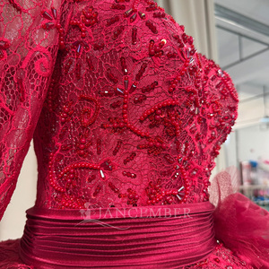 Vestido de Quinceañera Rojo Elegante Mc033 con Cuello Ilusión, Encaje con Cuentas, Mangas Largas, Cintura Plisada, Falda de Satén y Espalda con Cordones Jancember - Product Image 4