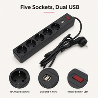 Multiprise HAOYONG 16A en cuivre avec 2 ports USB, protection contre les surtensions, 5 prises, rallonge