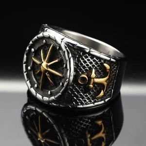 Bagues pour hommes style punk tendance, motif ancre et <span class=keywords><strong>camée</strong></span>, en acier inoxydable plaqué or et argent, avec motif étoile à huit branches en relief - Product Image 6