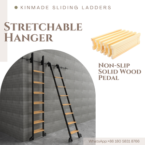 سلم مكتبة متحرك قابل للتمدد من كينميد، طقم سلم منزلق للرفوف مصنوع من الفولاذ والخشب مع فرامل - Product Image 2