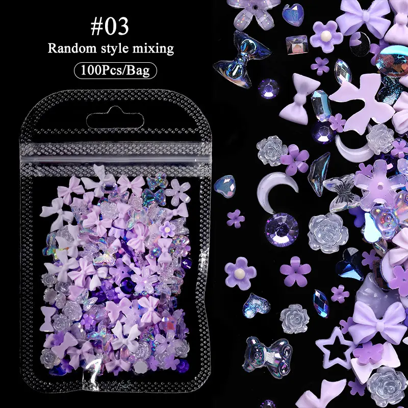 100/50pcs 3D Mixed Pink Purple Nail Rhinestones Kawaii Bow Flower Bear Pearl Design Nail Art Charms Jewelry Manicure