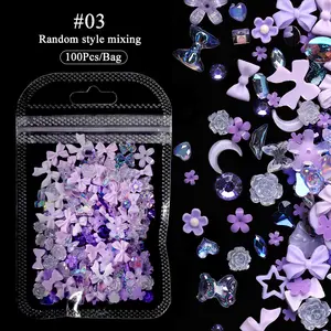 100/50 Stuks 3d Gemengde Roze Paarse Nagel Steentjes Kawaii Strik Bloem Beer Parel Ontwerp Nail Art Charmes Sieraden Manicure