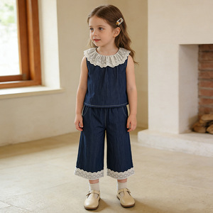Girls Denim Set Sleeveless Top Wide-Leg Pants Lace Trim Toddler <strong>Cute</strong> Casual Outfit Kids Summer <strong>Clothing</strong> - Product Image 2