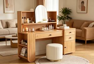 Scandinavian Beech Wood Makeup <b>Vanity</b> With Flip Top <b>Mirror</b> Storage Cabinet Bedroom Dressing <b>Table</b> - Product Image 5