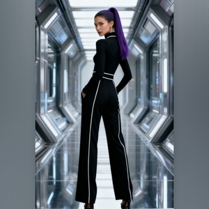 ชุดเซ็ตแฟชั่น 2 ชิ้น เสื้อถักแขนยาวคอตั้งแต่งขอบตัดสีช่วงเอวทรงสวยสำหรับผู้หญิง พร้อมกางเกงขายาวทรงกว้าง สไตล์ฤดูใบไม้ร่วง - Product Image 6