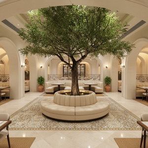 Ulivo Artificiale Personalizzato Alto 4 Metri con Tronco in Vetroresina Effetto Legno e Rami in Materiale Plastico per Bar - Product Image 1