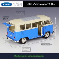 Welly 1:24 Volkswagen 1963T1 BUS, modèle de voiture en métal de collection, simulation de fourgon, voiture en alliage moulé sous pression, véhicules