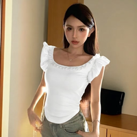Haut court moulant Y2K pour femme, en coton et élasthanne respirant, à manches volantées unies, couleur unie, printemps-été