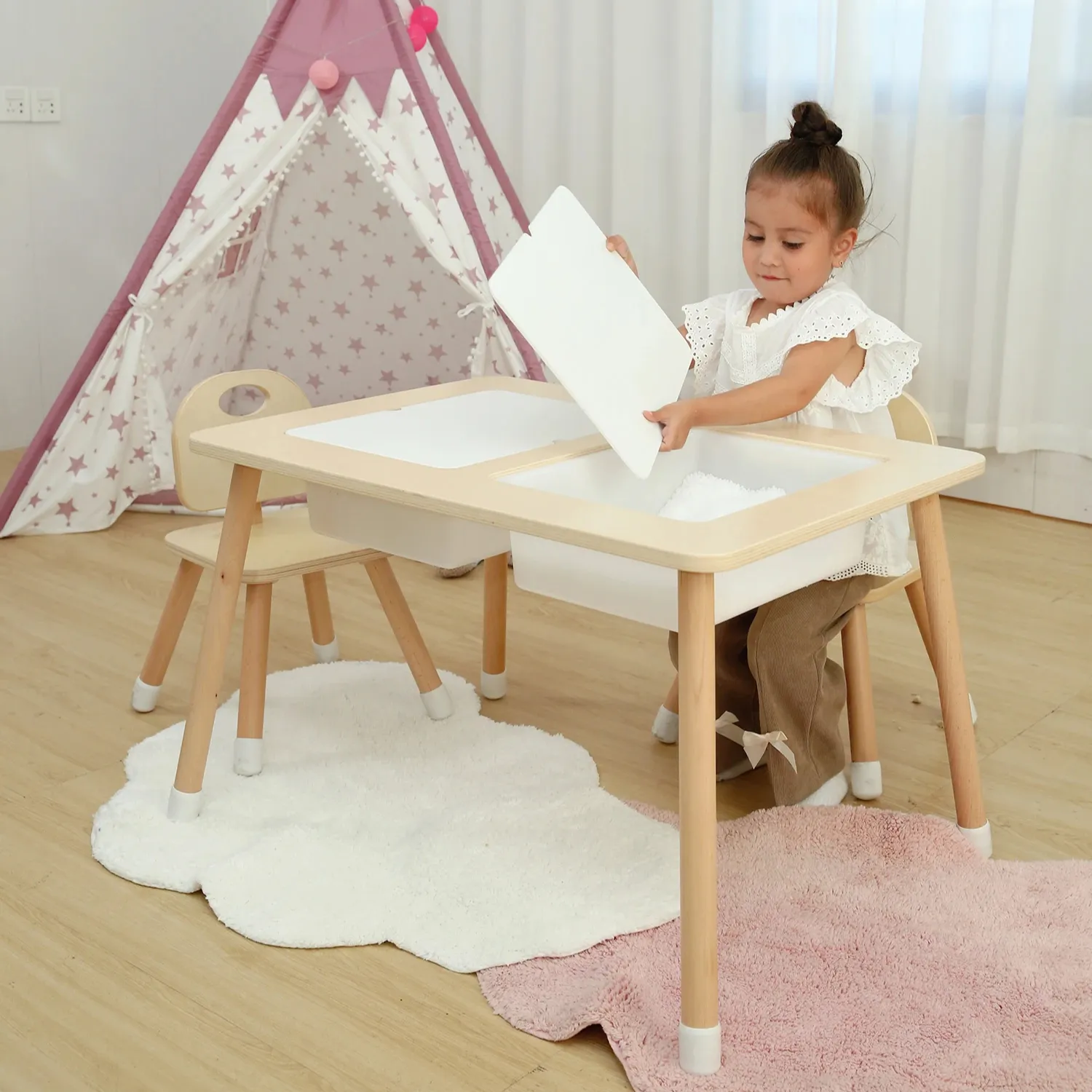 Ensemble de meubles Montessori en bois pour enfants d'âge préscolaire, Table de jeu pour activités sensorielles éducatives, Table de sable et d'eau pour enfants