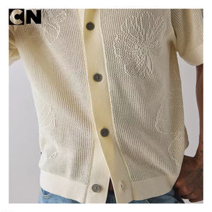 Pull en coton et laine pour homme, à manches courtes, à fleurs, tricoté, boutonné, polo, cardigan, avec logo personnalisé, certifié GRS - Product Image 3