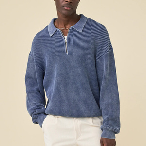 Maglione Vintage in Maglia a Coste con Logo Personalizzato, Pullover Oversize con Zip 1/4 per <span class=keywords><strong>Uomo</strong></span>, Maglia a Maniche Lunghe in Maglia a Coste - Product Image 1