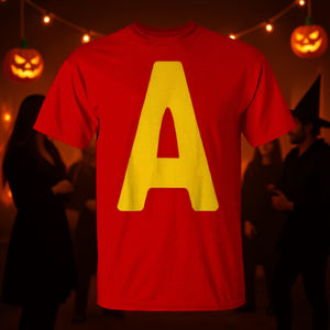 Camiseta con letra A del alfabeto amarillo sobre rojo para fiesta de disfraces de Halloween - Product Image 3