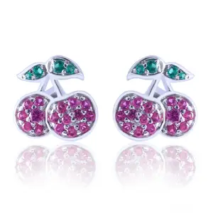 Fruit Style Design S925 Silver Jewelry Lab Created Ruby Cherry Stud Earrings with Green Nano Gemstones Earrings for Girls Gifts