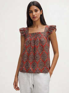 Top de Mujer con Estampado Elegante, Tejido, con Volantes, Cuello Cuadrado, Sin Mangas, Informal, para Uso Diario, Ligero, Transpirable, 100% Algodón, para Primavera/Verano - Product Image 6