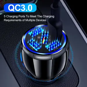 QC3.0 pengisi daya mobil 5 port, adaptor pengisi daya mobil 5 USB pengisian cepat untuk navigasi ponsel