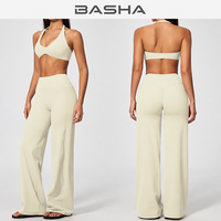 Ensemble de yoga pour femme : Soutien-gorge de sport halter et pantalon évasé à jambes larges, en Spandex et Nylon respirant, pour le sport, la gym et le fitness