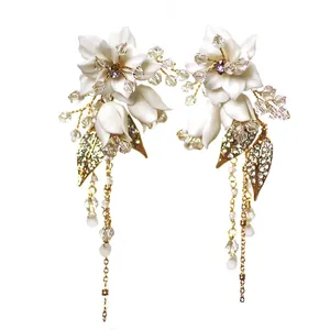 Vente en gros céramique fleur de mariage feuille d'or cristal couronne diadèmes accessoires de mariée bijoux de cheveux boucle d'oreille femmes
