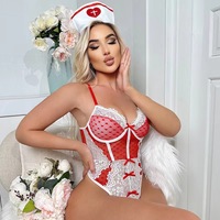 Kostum Perawat seksi pita renda merah muda untuk wanita hadiah Malam Bulan Madu