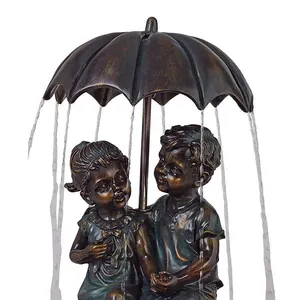 Custom Metal Bronze Kids Boy and Girl Copper Fountain Sculpture Umbrella Bronze Sculpture Fountain