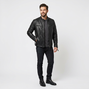 Chaqueta de Cuero Genuino Negra para Hombre, Corte Ajustado, Estilo Cafe Racer, Motociclista, de Piel de Vacuno, con Hombros Acolchados, Clásica, Personalizada, Cálida para Invierno - Product Image 1