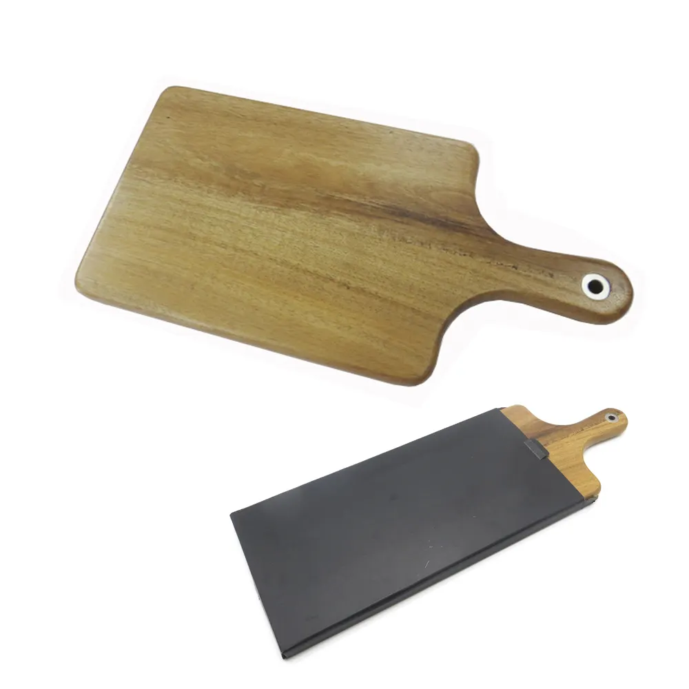 Acacia wood Gourmert cheese cutting board with metal ring on handle