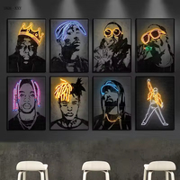 Moderne néon pop rappeur star affiche Hip Hop artiste personnage Art cadre en bois peinture mode impression sur toile art mural