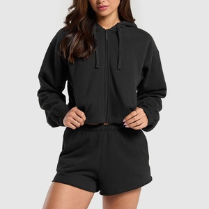 Ensemble de jogging personnalisé en laine avec fermeture éclair, imprimé, à manches longues, coupe oversize, décontracté, avec short et sweat à capuche, pour femme, 100% laine - Product Image 1