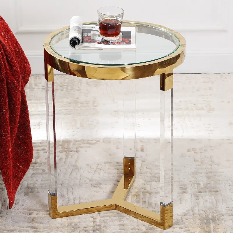 Tabelas de café luxuosas minimalista, modernas, transparentes, redondas, transparentes, de vidro, cristal, mesa lateral acrílica