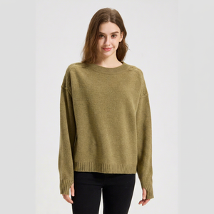 Suéter de Punto Plano Verde Oliva para Mujer, Cuello Redondo, Manga Larga, Informal, para Invierno, 100% Cachemira Pura, Grueso, Antipilling - Product Image 2