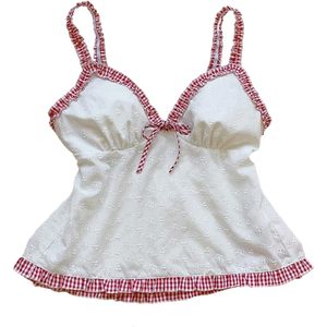 Women's Embroidered Camisole Top With Plaid Trim <b>Bow</b> Front Spaghetti Strap Peplum Design - Product Image 1