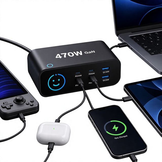 470W GaN Fast Charger Station with TFT Display 6-Port USB Power Adapter for iPhone for AirPods for Android for MacBook for iPad