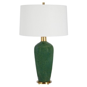 Vase en céramique vert moucheté, lampe de table moderne avec base en laiton |   Éclairage contemporain artisanal pour chambre d'hôtel et bureau - Product Image 1