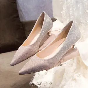 Shiny glitter pointed toe pink heels ladies high heel shoes