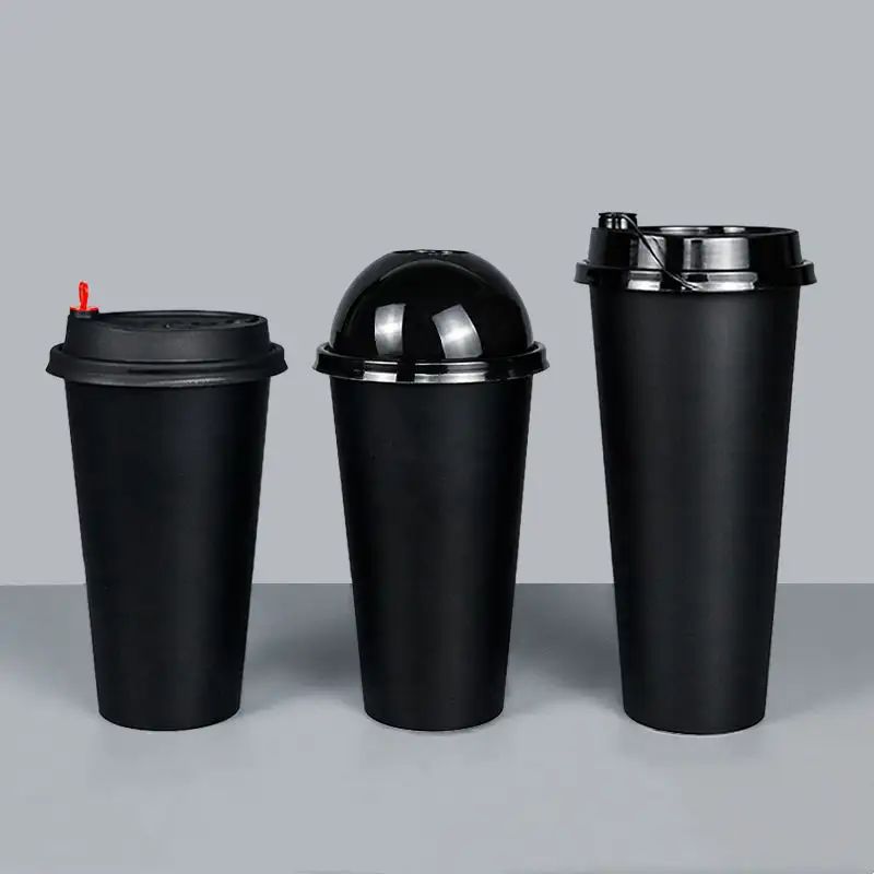 뜨거운 판매 맞춤형 로고 OEM 블랙 플라스틱 90mm 하드 PP 돔 뚜껑이있는 일회용 투명 플라스틱 컵