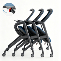 Chaise de formation en maille bleue avec accoudoirs fixes, pivotante et inclinable, compacte, pour séminaires, réunions, invités, stagiaires, visiteurs, réception